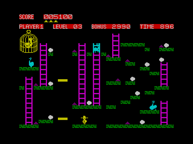 Chuckie Egg ZX Spectrum Screenshot: Those yellow platforms move; time jumps carefully!