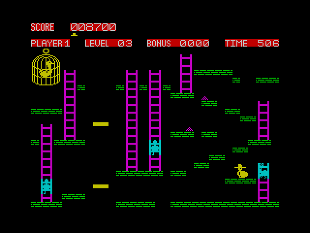 Chuckie Egg ZX Spectrum Screenshot: Picking up the last egg...