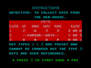 Chuckie Egg for ZX Spectrum - You choose preset keys or define your own control scheme.