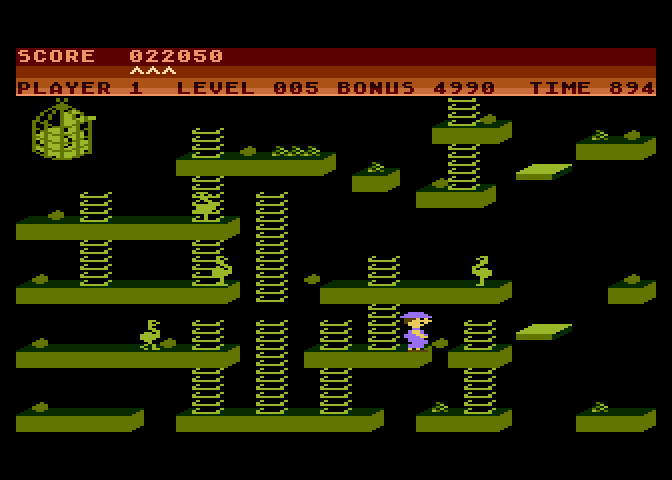 Chuckie Egg Atari 8-bit Screenshot: The game features numerous levels, each with a different layout.