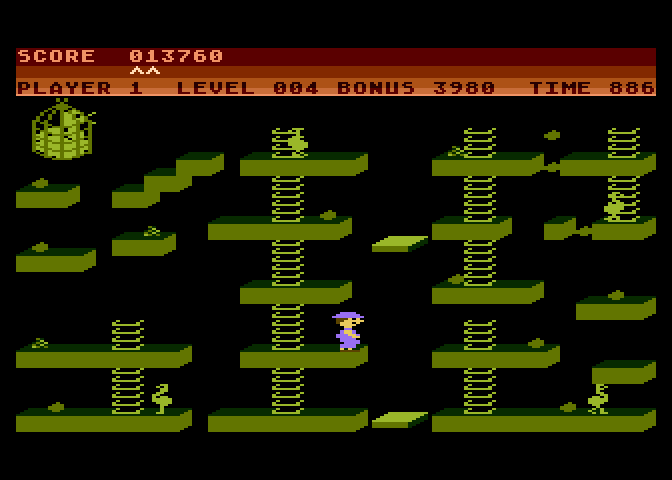 Chuckie Egg Atari 8-bit Screenshot: Some more moving platforms here!