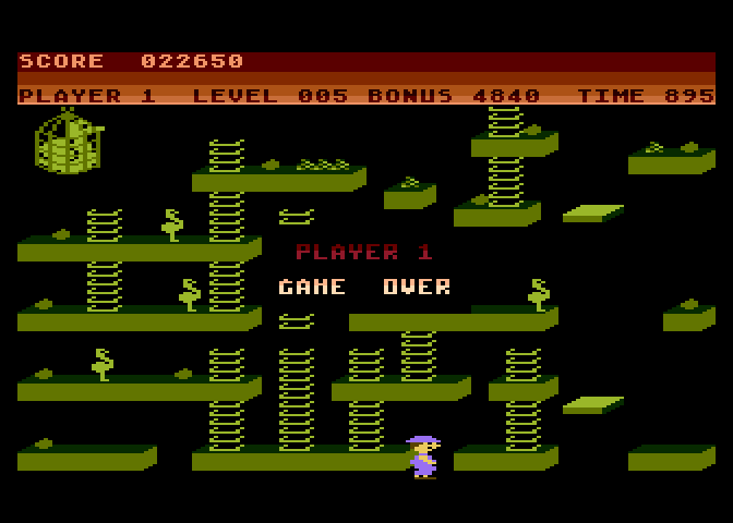Chuckie Egg Atari 8-bit Screenshot: Game over.