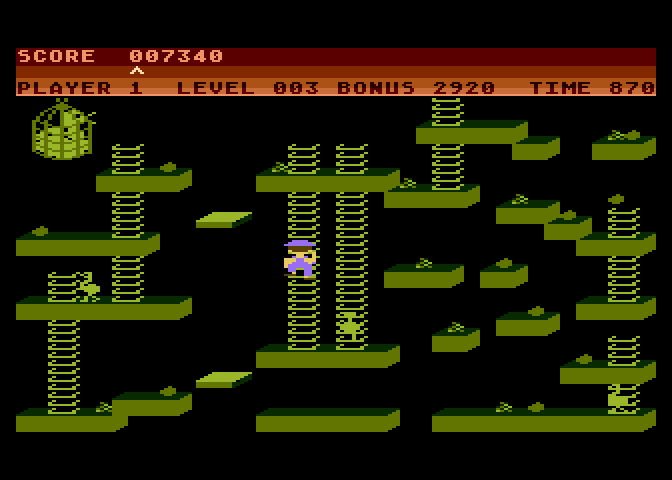 Chuckie Egg Atari 8-bit Screenshot: Climbing a ladder...