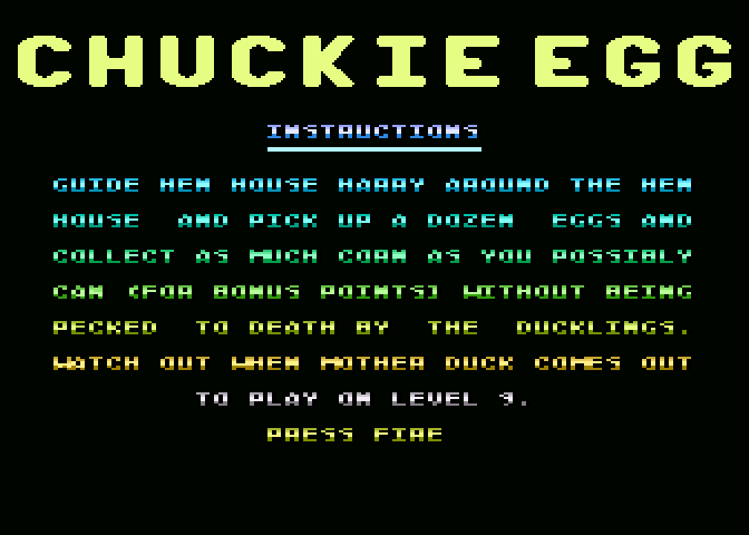 Chuckie Egg Atari 8-bit Screenshot: Game instructions.