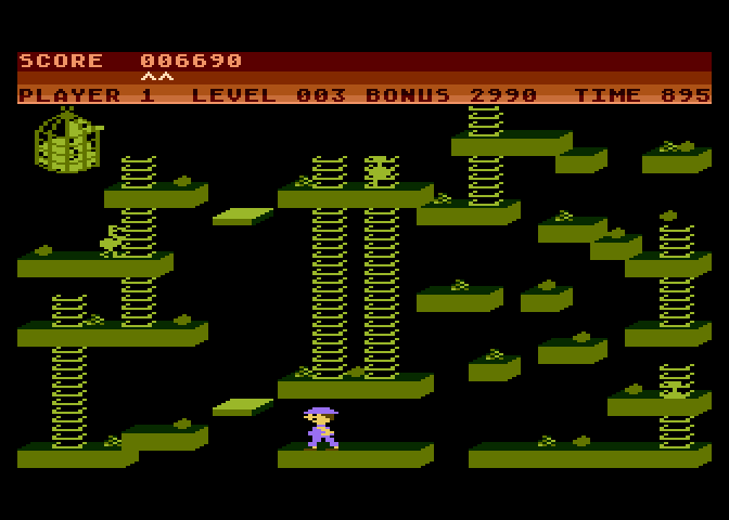 Chuckie Egg Atari 8-bit Screenshot: This level features a few moving platforms...