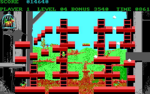 Chuckie Egg IBM PC/Compatibles Screenshot: Climbing up a ladder...