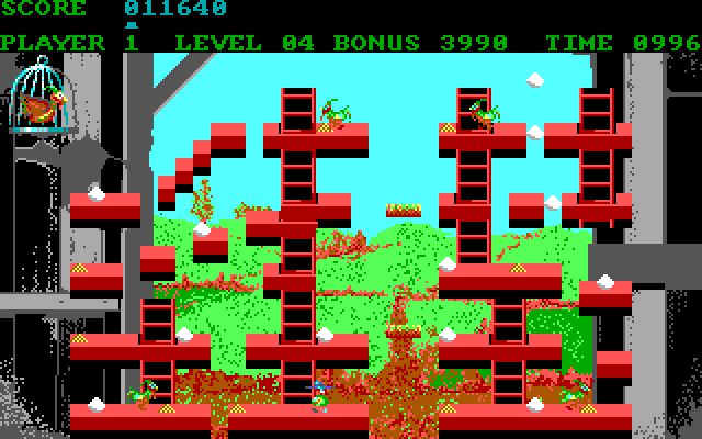 Chuckie Egg IBM PC/Compatibles Screenshot: This level features some more moving platforms...be careful!