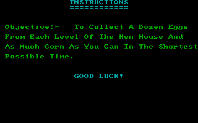 Chuckie Egg IBM PC/Compatibles Screenshot: Game instructions.