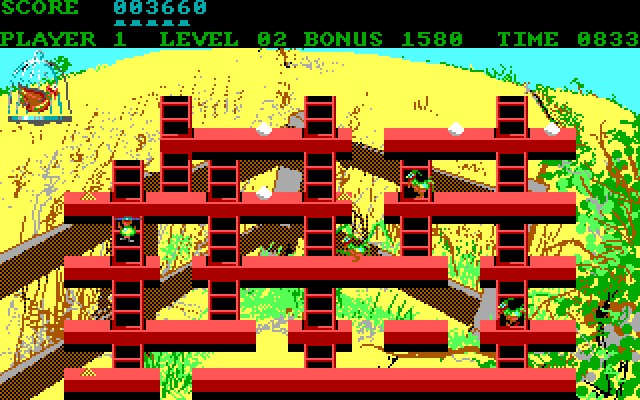 Chuckie Egg IBM PC/Compatibles Screenshot: Level almost completed...climbing up to retrieve the last eggs...
