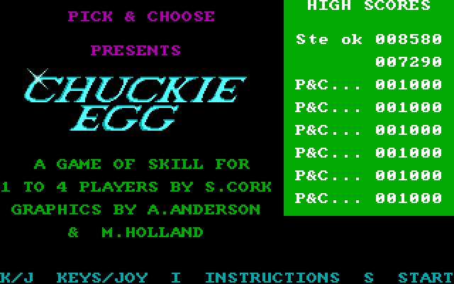Chuckie Egg IBM PC/Compatibles Screenshot: Main menu.