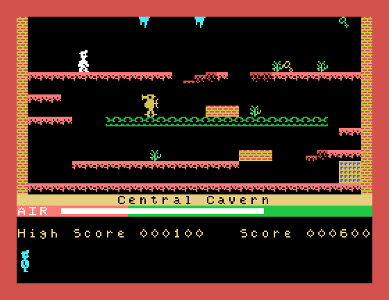 Manic Miner Tatung Einstein Screenshot: Watch out for falling platforms!