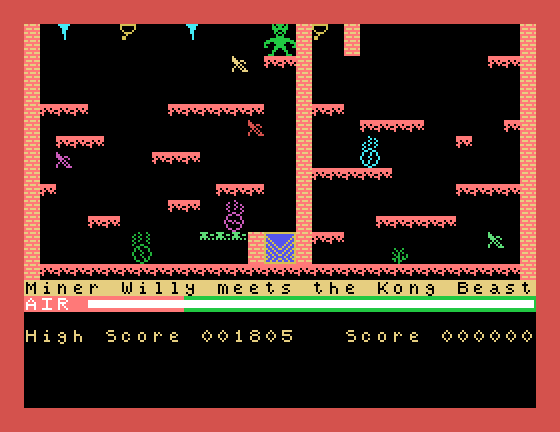 Manic Miner Tatung Einstein Screenshot: Game demo; Miner Willy meets the Kong Beast.