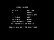 Manic Miner for Commodore 16 & Plus/4 - Title screen and key configuration.