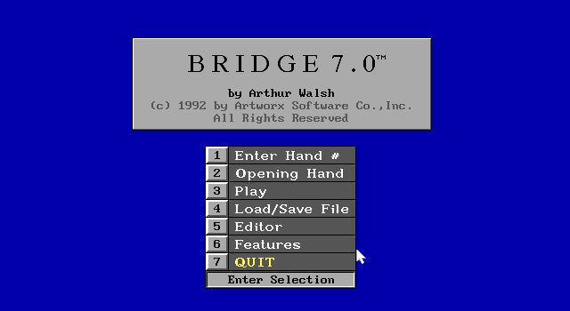 Bridge 7.0 IBM PC/Compatibles Screenshot: Title screen and main menu.