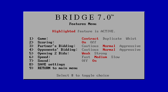 Bridge 7.0 IBM PC/Compatibles Screenshot: The features menu.