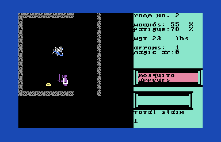 Dunjonquest: Temple of Apshai Commodore 64 Screenshot: A mosquito appears, be careful!