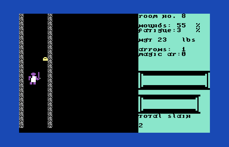 Dunjonquest: Temple of Apshai Commodore 64 Screenshot: A narrow corridor...luckily no dangers have appeared...yet!