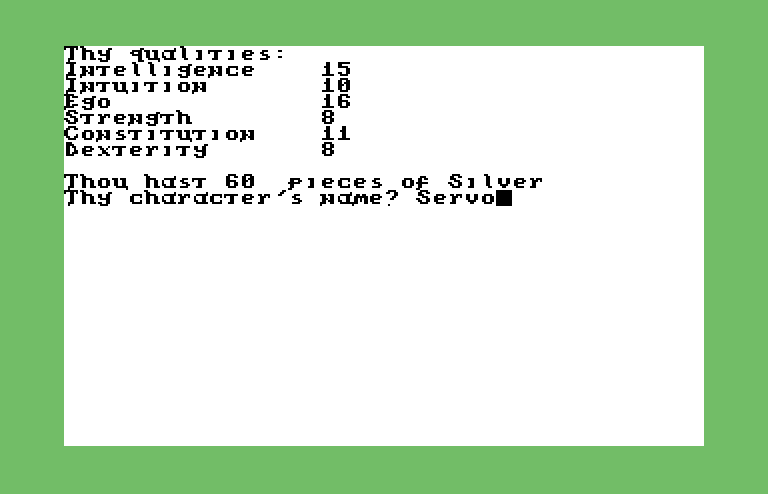 Dunjonquest: Temple of Apshai Commodore 64 Screenshot: Creating a new character.