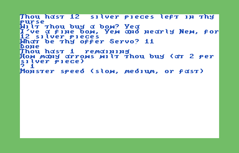 Dunjonquest: Temple of Apshai Commodore 64 Screenshot: Buying some equipment, then it's time to enter the dungeon!
