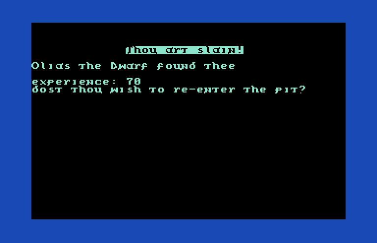 Dunjonquest: Temple of Apshai Commodore 64 Screenshot: Game over.