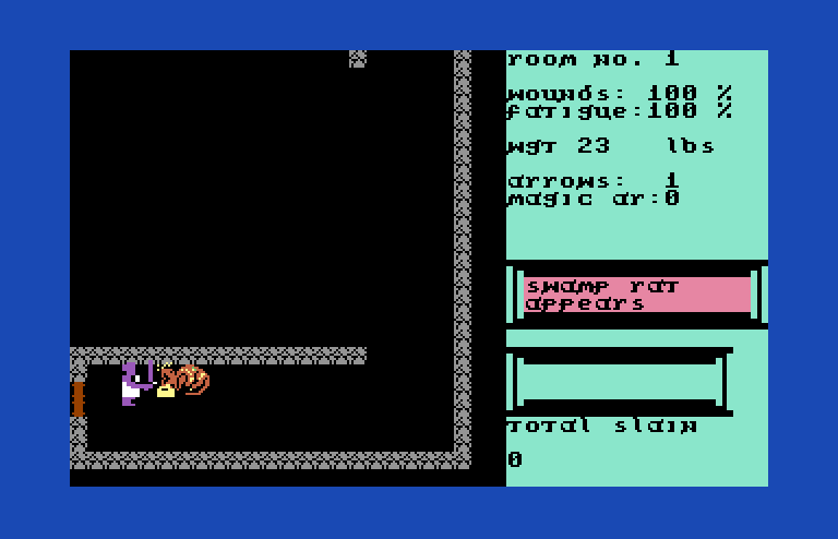 Dunjonquest: Temple of Apshai Commodore 64 Screenshot: The dungeon begins, and already a swamp rat is attacking.