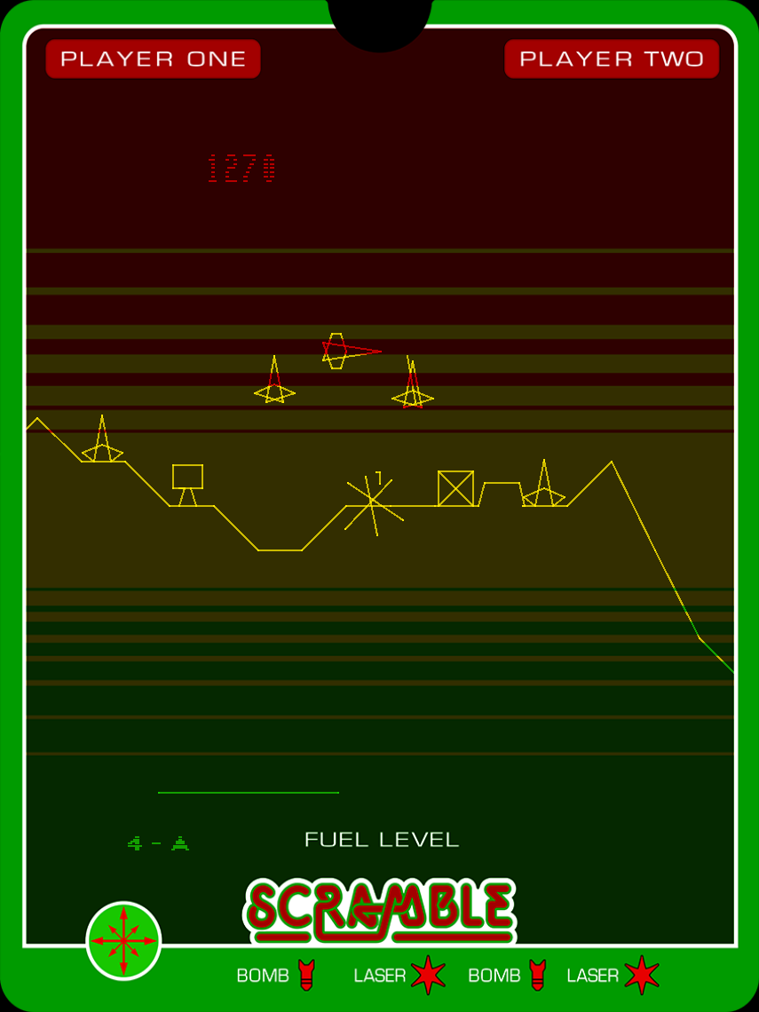 Scramble Vectrex Screenshot: Bomb fuel tanks to replenish your fuel supply.