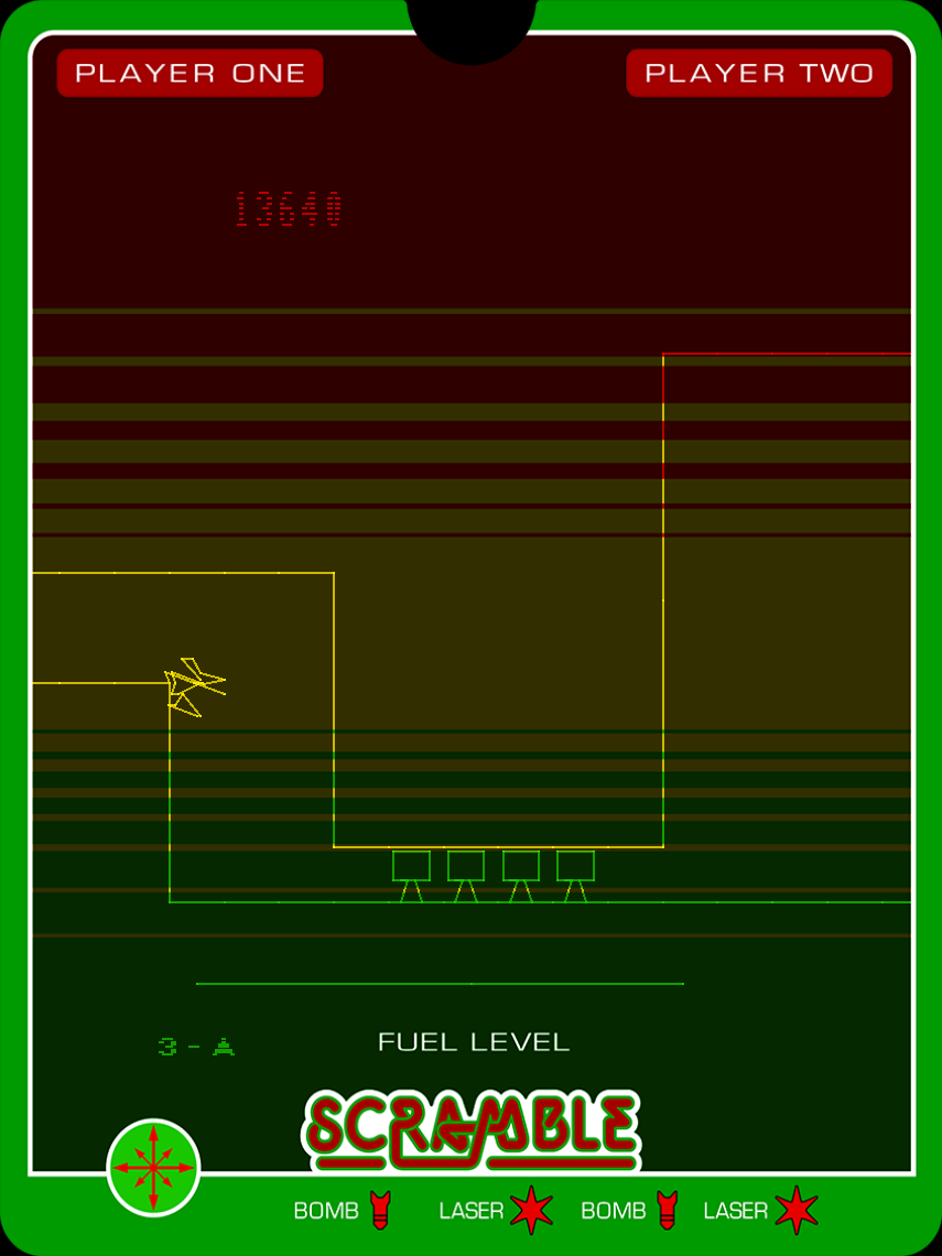 Scramble Vectrex Screenshot: Oops, don't crash into the walls.