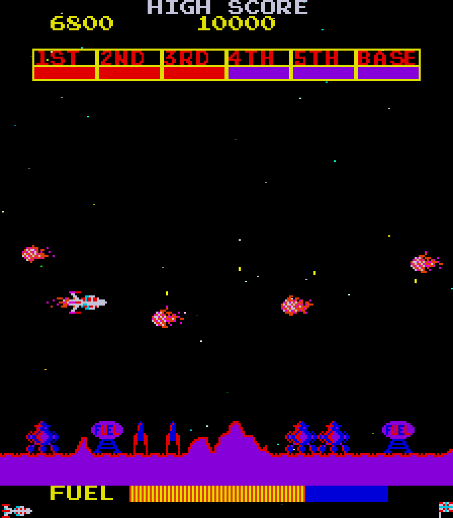 Scramble Arcade Screenshot: Avoid this incoming fireballs! They can't be destroyed...