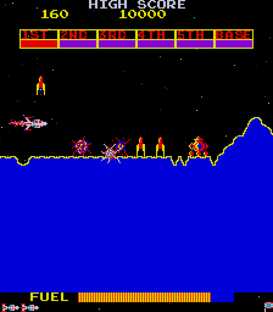 Scramble Arcade Screenshot: Blasting enemy missiles...