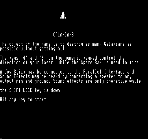 Galaxians Exidy Sorcerer Screenshot: Game instructions.