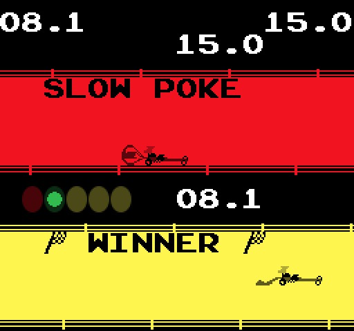 Drag Race Arcade Screenshot: Player one is a slow poke, player two wins!