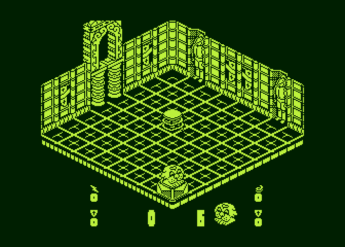 Head Over Heels Atari 8-bit Screenshot: A springboard in the middle of the room helps you reach the door.