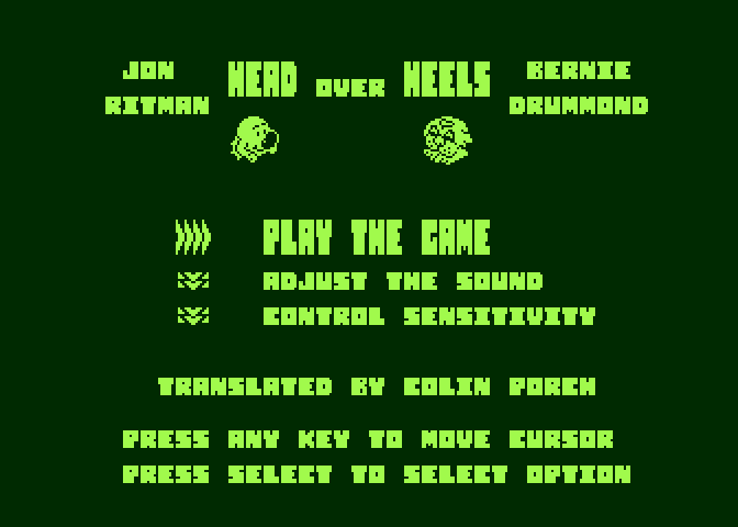 Head Over Heels Atari 8-bit Screenshot: Title screen and main menu.