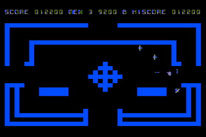 Marauder Atari 8-bit Screenshot: Under attack! Don't get caught in the crossfire!