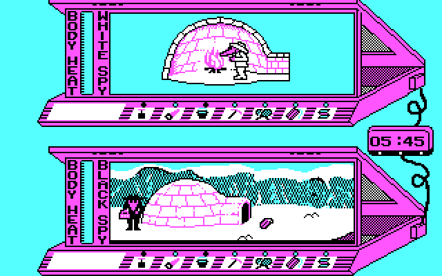 Spy vs. Spy III: Arctic Antics IBM PC/Compatibles Screenshot: The white spy warms by the fire...