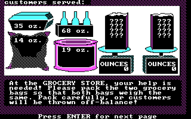 Math Shop IBM PC/Compatibles Screenshot: Instructions for the grocery store.