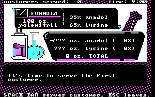 Math Shop IBM PC/Compatibles Screenshot: Fulfil some orders in the pharmacy.