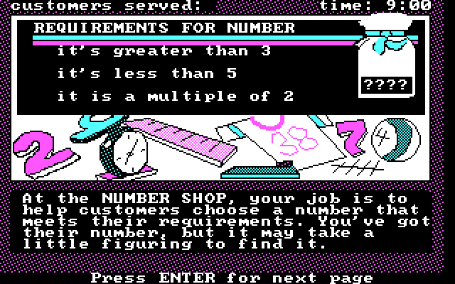 Math Shop IBM PC/Compatibles Screenshot: Instructions for the Number Shop.
