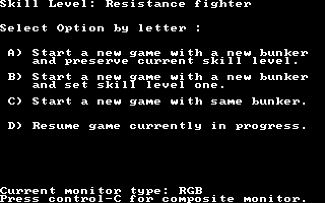 Beyond Castle Wolfenstein IBM PC/Compatibles Screenshot: The main menu.