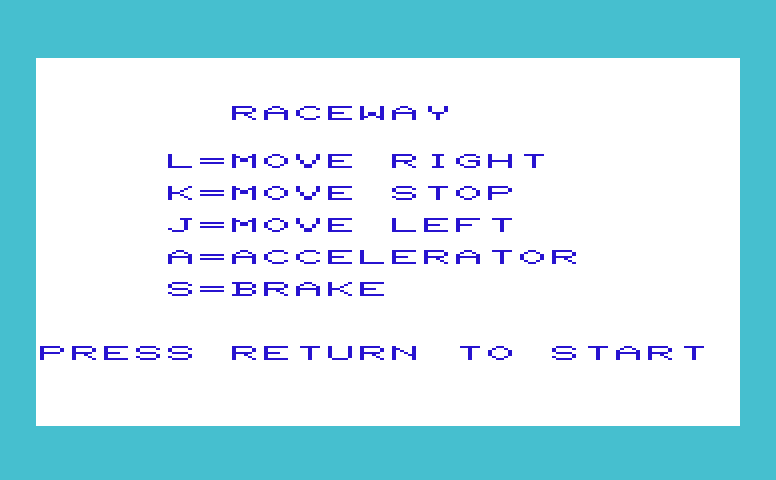 Raceway Commodore VIC-20 Screenshot: Title screen; press the return key to begin.