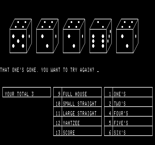 Yahtzee Exidy Sorcerer Screenshot: Oops, try again...