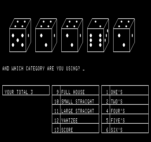 Yahtzee Exidy Sorcerer Screenshot: Which category are you using?