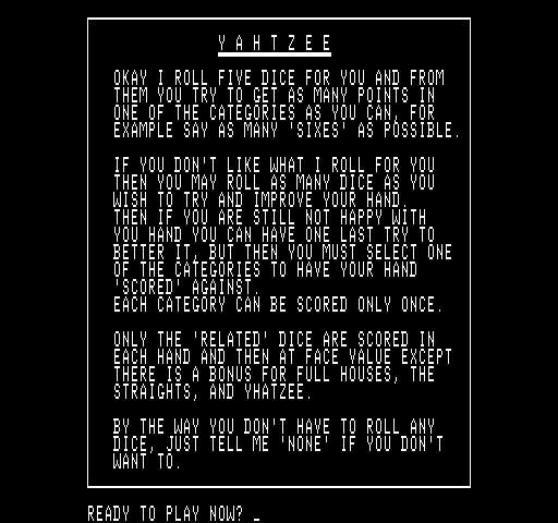 Yahtzee Exidy Sorcerer Screenshot: Game instructions.