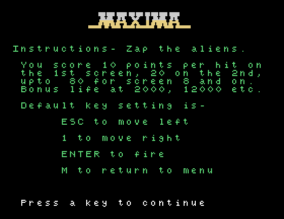 Ultra, The Tatung Einstein Screenshot: Game instructions.