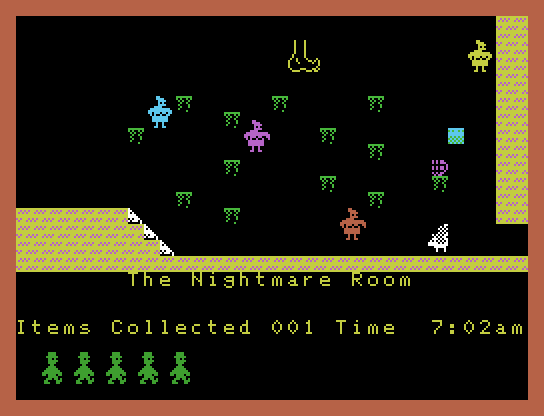 Jet Set Willy Memotech MTX Screenshot: Lots of little platforms, and lots of things trying to catch you!