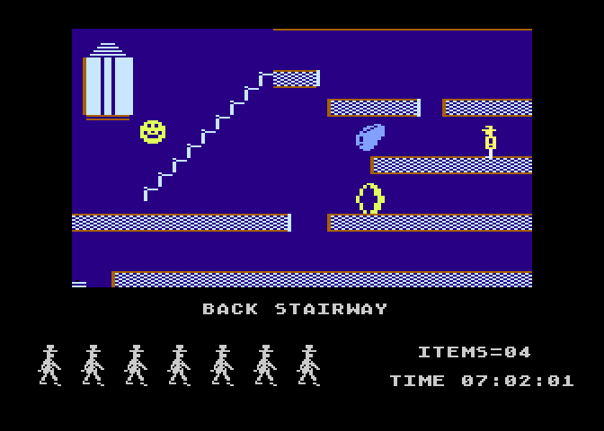 Jet Set Willy Atari 8-bit Screenshot: A blob blocks the path, I need to get to a different level...