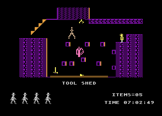Jet Set Willy Atari 8-bit Screenshot: The tool shed; an item to pick up, but can I safely reach it?