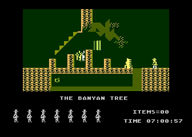 Jet Set Willy Atari 8-bit Screenshot: The Banyan Tree; this is a narrow path to get through!