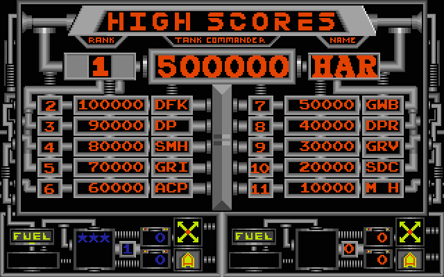 Vindicators Atari ST Screenshot: Game over; here's the high scores.
