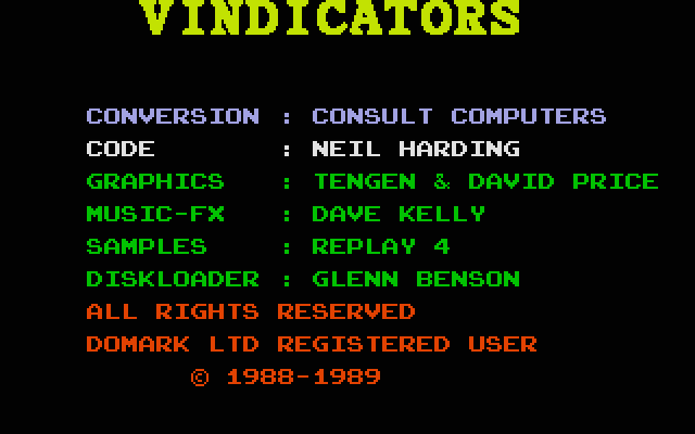 Vindicators Atari ST Screenshot: Credits screen.
